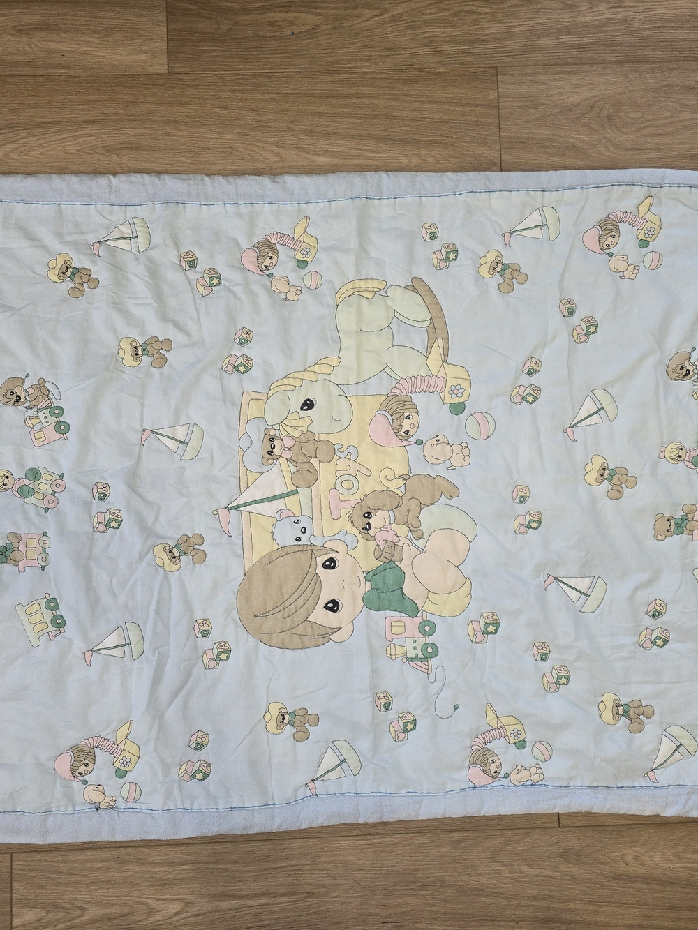 Vintage Precious Moments Quilted Baby Blanket Blue Rocking Horse Nursery 47"×36"